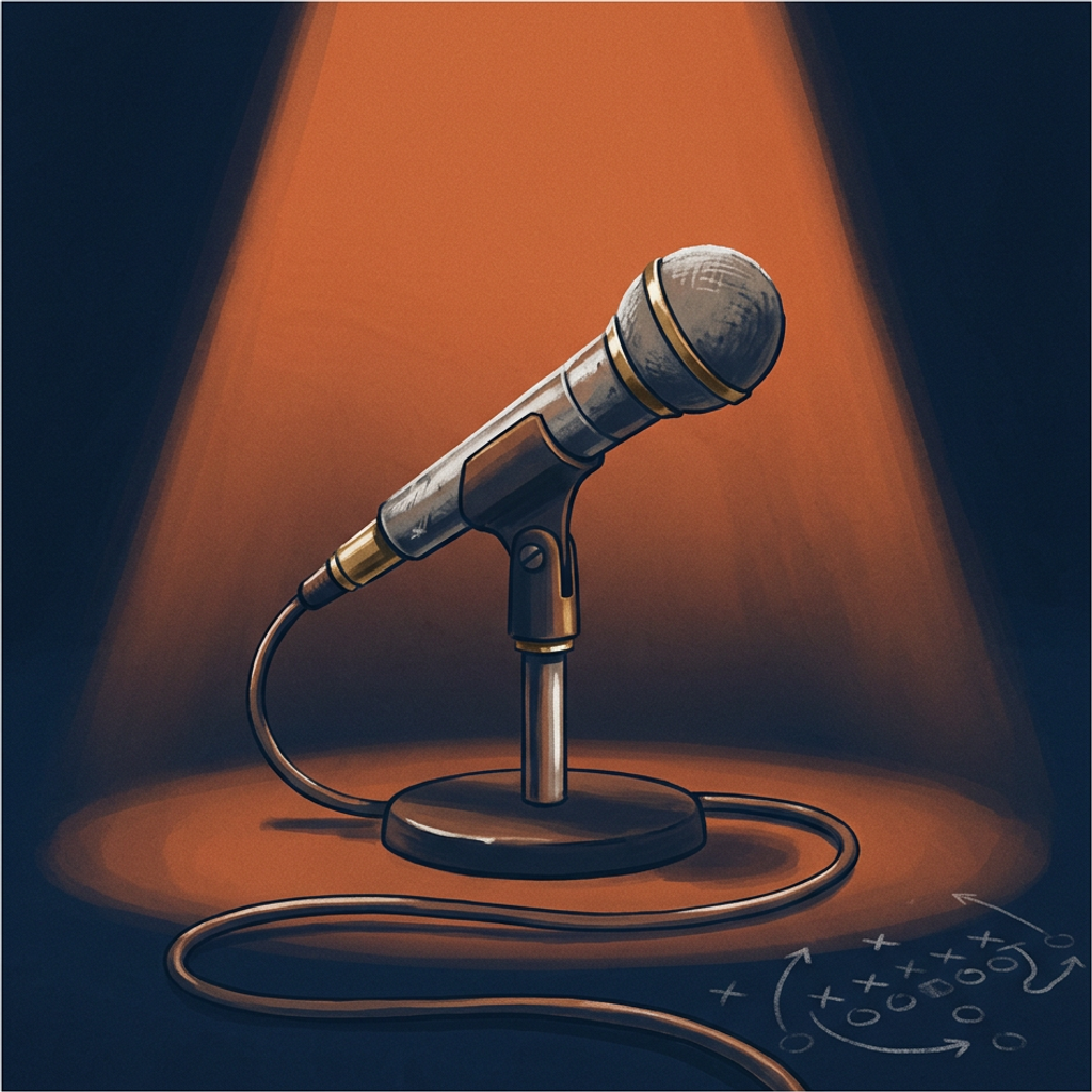 A worn broadcast microphone on a weighted desk stand under a broad warm booth light, its cable trailing across a dark surface, a faint chalk play-diagram just visible beside it.