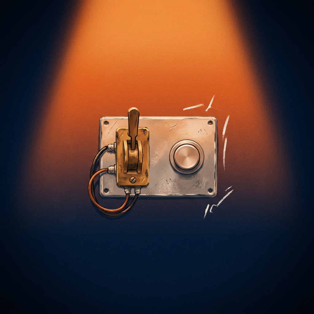 A worn hand-built brass lever switch wired onto a scuffed metal panel, beside a smooth flush machined push-button set into the same panel, under a broad warm booth light falling off to navy.