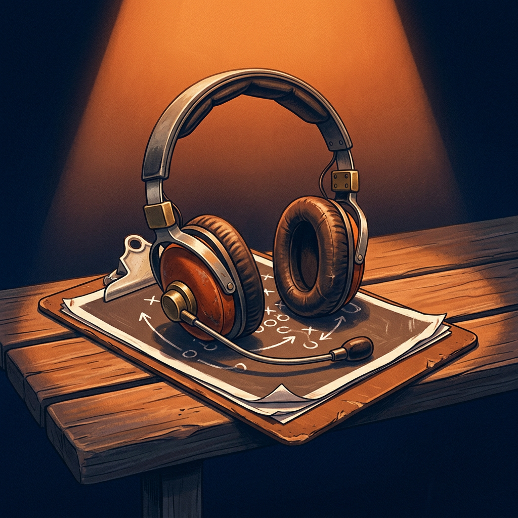 A worn coach's headset with scuffed leather earcups and a dulled metal band resting on a dog-eared clipboard on a weathered bench, no one wearing it.