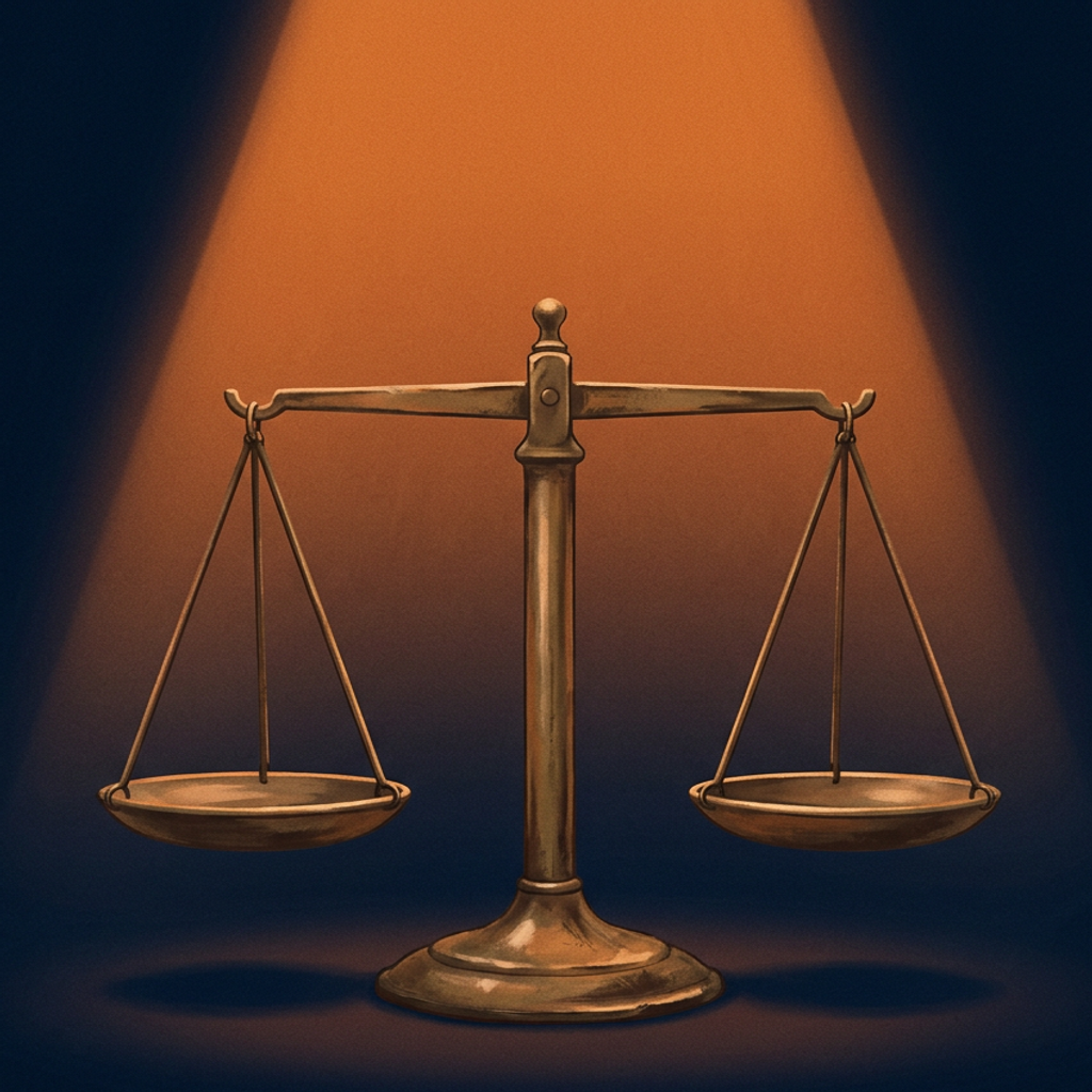 A worn brass balance scale with two empty pans hanging dead level on a horizontal beam, perfectly balanced, under a warm booth light fading to navy.