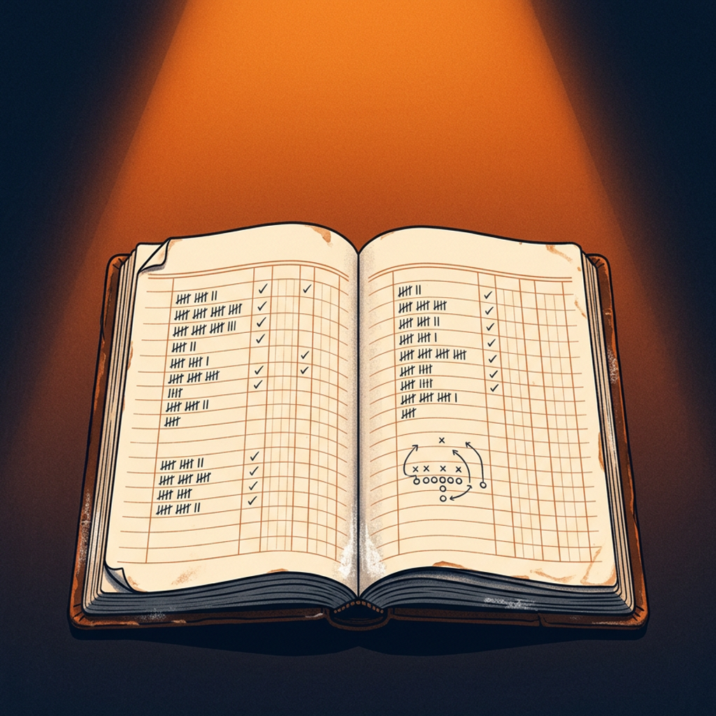 An open stat-keeper's ledger, dog-eared pages ruled into columns of tally strokes and check marks, lit warm against a deep navy night.