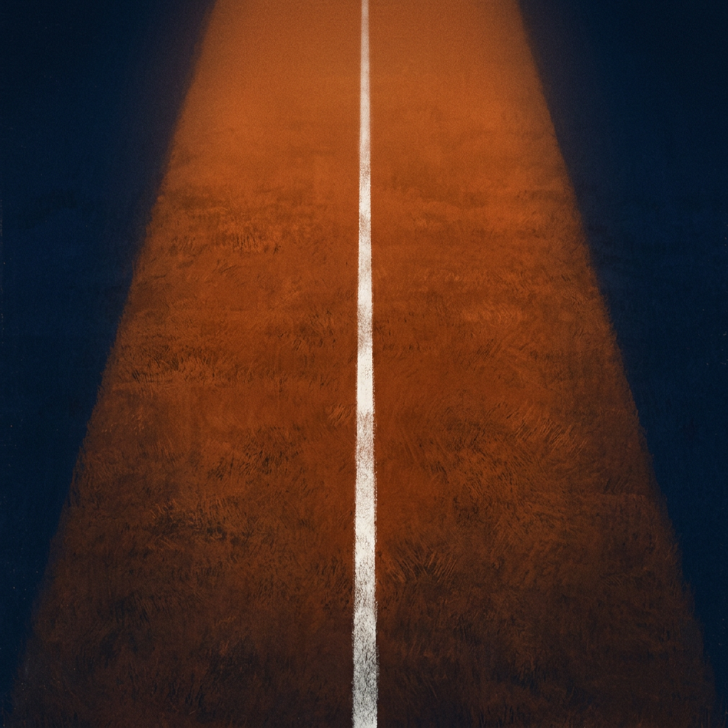 A single crisp white chalk line dividing two empty lanes of worn field turf, lit warm down the center against navy dark.