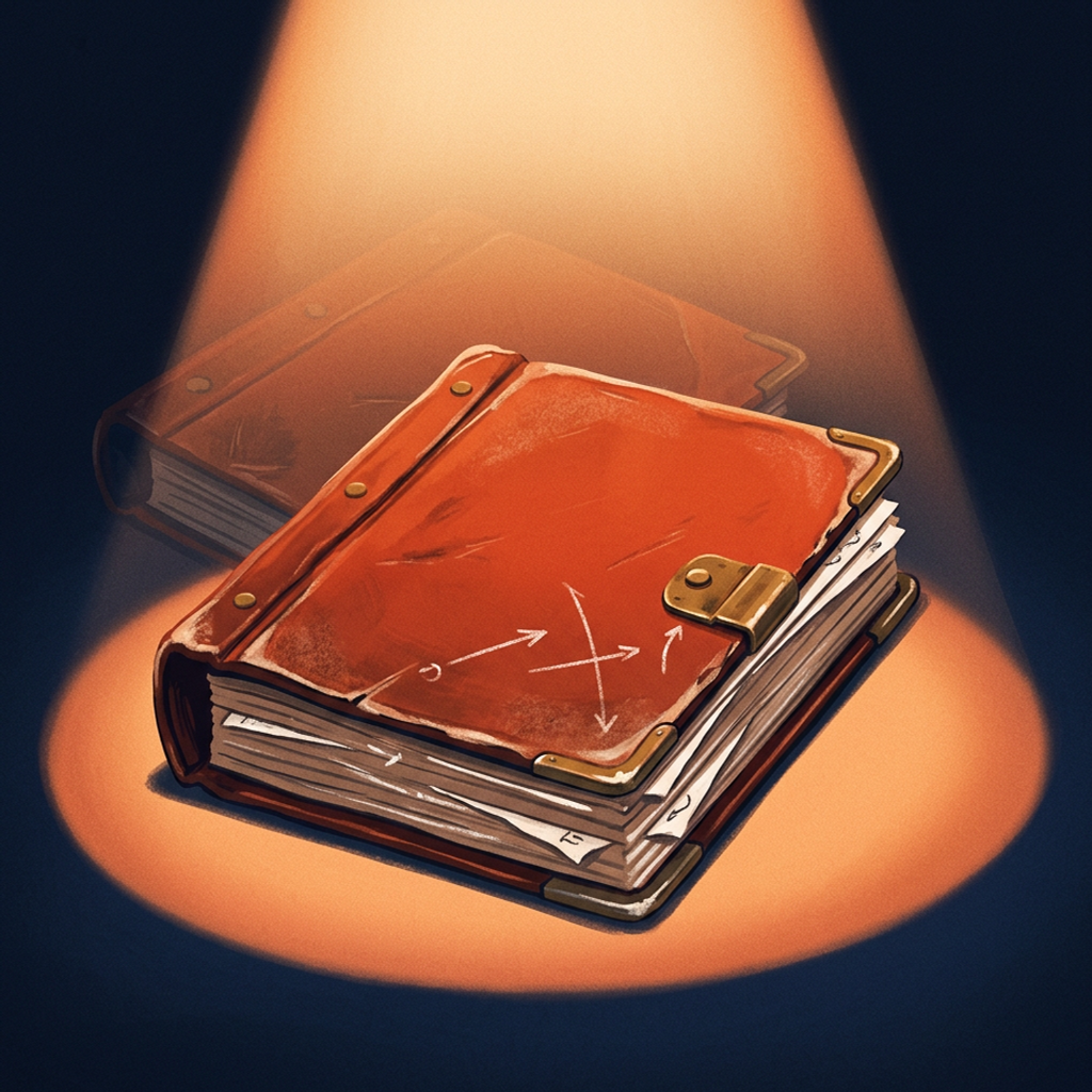 A dog-eared, well-handled playbook binder under a warm booth light, the faint ghost of an older identical edition just visible behind it in the dark.