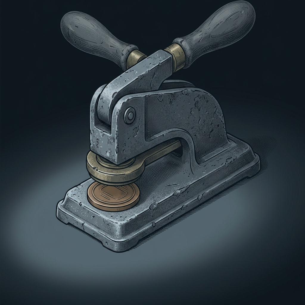 A worn cast-iron desk embossing seal-press on a cool graphite bench, lit by a single raking inspection lamp, its struck die catching the one warm bronze note — the mark a person puts on the line.