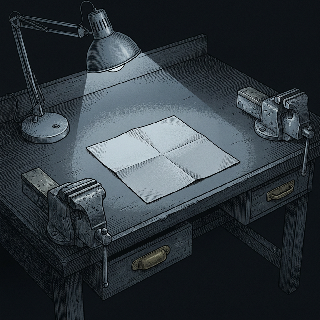 A cold, bare inspection workbench empty except for a single thin flat folded sheet lying alone in the middle — the flat diff handed over and abandoned — with a worn bench vise clamped at one edge, lit by a single cool inspection lamp.