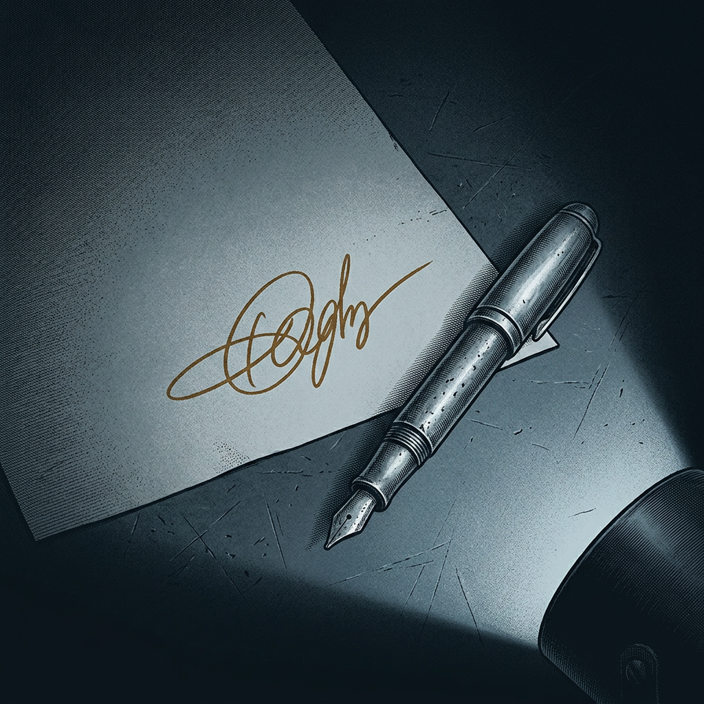 A worn heavy fountain pen resting on a graphite bench beside a document bearing a single abstract looping signature mark struck in the one warm bronze note, lit by a cool inspection lamp.