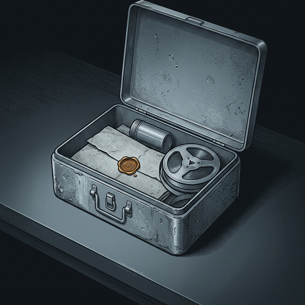A worn metal handover strongbox on a graphite bench, lid open, holding a folded document with a struck wax seal in the one warm bronze note, a sealed canister, and a coiled tape spool — the work arriving runnable, with provenance, with an auditable run-log — lit by a cool inspection lamp.