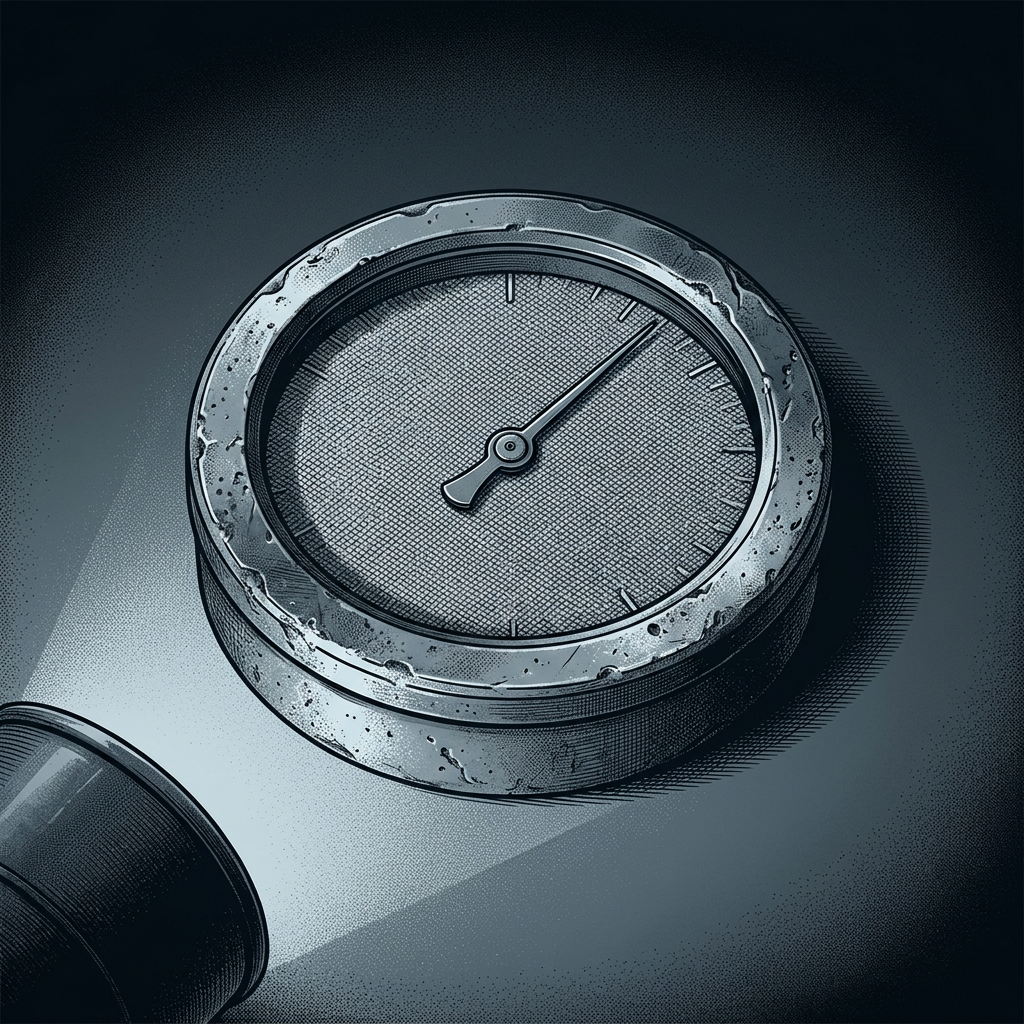 A worn round gauge in a heavy pitted steel bezel on a cool graphite bench, its needle resting confidently mid-dial — but the dial face is a swatch of woven upholstery fabric instead of a calibrated scale, raked by a single cool inspection lamp.
