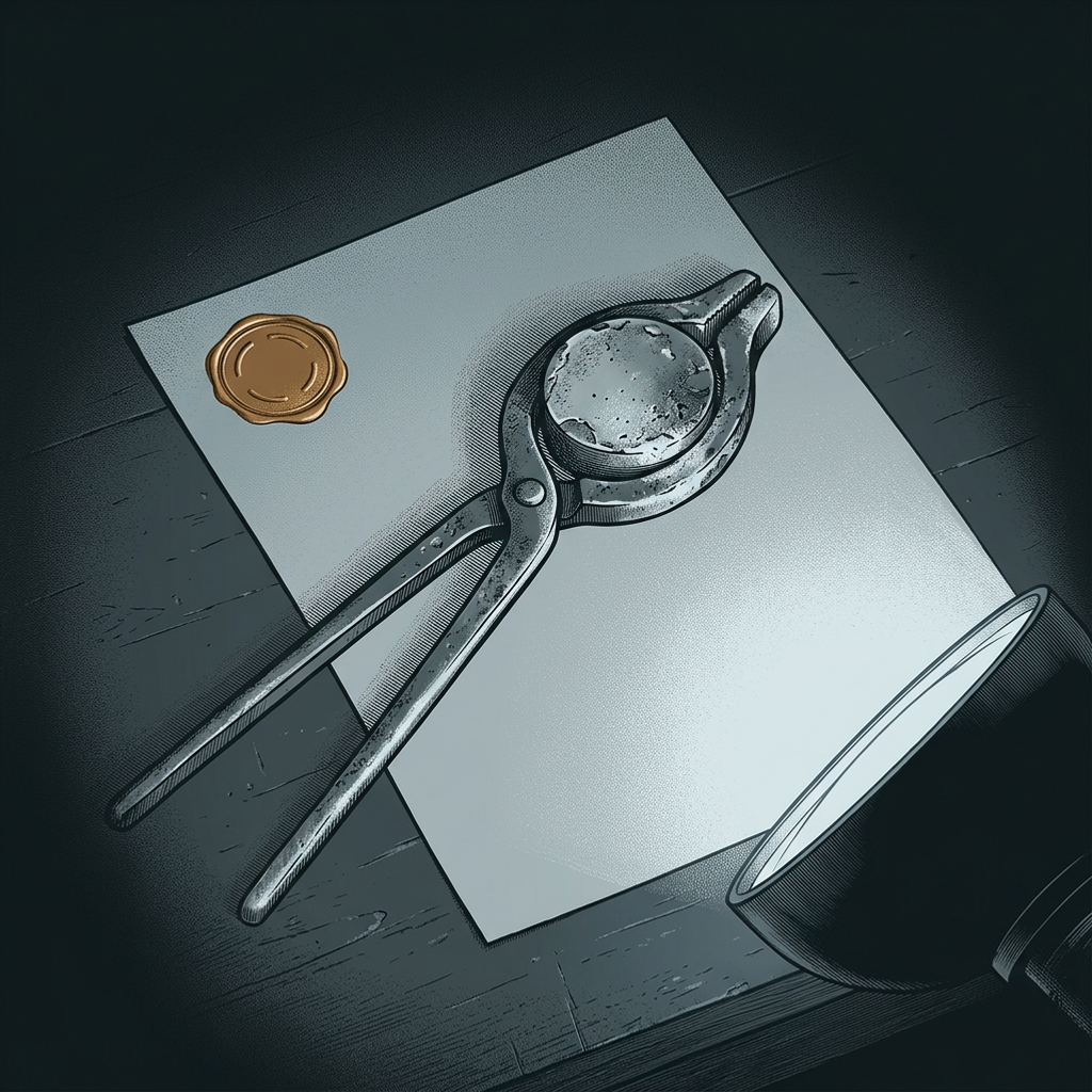 A heavy worn engineer's embossing seal in long iron tongs resting on a sheet of paper, the sheet carrying a single raised embossed roundel struck into its corner that catches the one warm bronze note, lit by a cool inspection lamp on a graphite bench.