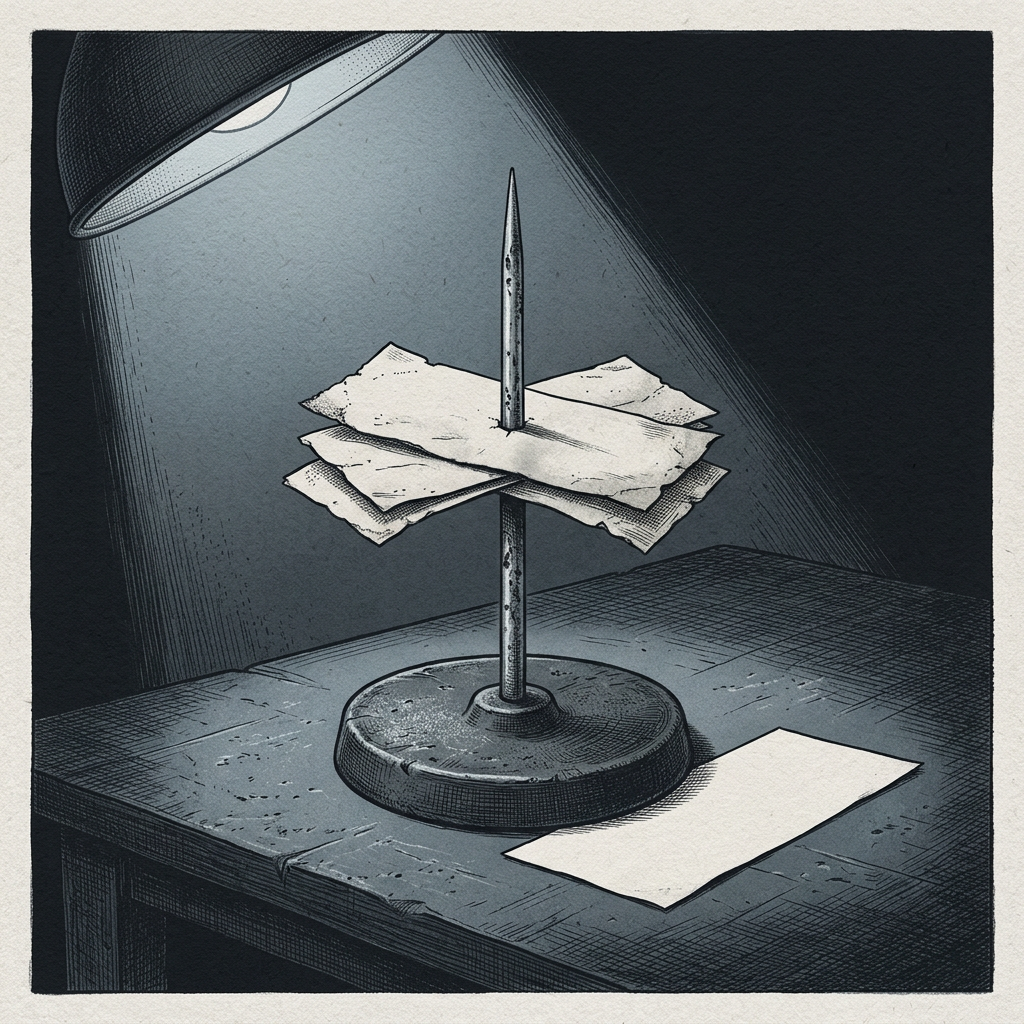 A worn cast-iron editor's copy spike standing on a graphite bench with several impaled paper slips skewered on its steel needle, and one blank slip lying flat beside the base, never spiked — lit by a single cool inspection lamp.