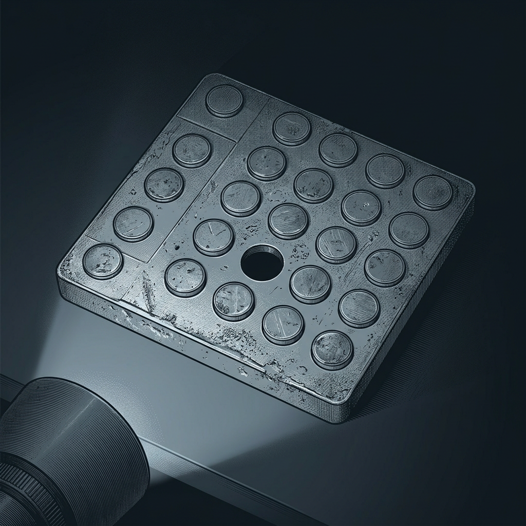 A worn metal audit specimen tray with a grid of round sample slots, most holding a small steel sample disc but one slot near the center conspicuously empty and dark — the sample that was never drawn — on a graphite bench under a cool inspection lamp.
