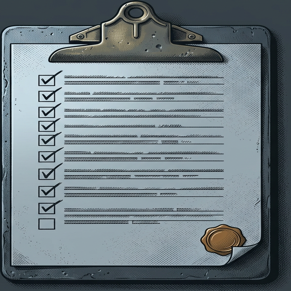 A worn steel clipboard holding a checklist, each line carrying a hand-struck tick in its box but one box near the bottom left empty and unticked, with a small struck mark in the corner — on a graphite bench under a cool inspection lamp.