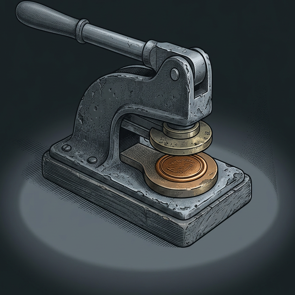 The same worn cast-iron desk embossing seal-press from the opener, on a cool graphite bench under a single raking inspection lamp — its struck die having pressed a freshly embossed roundel that glows with the fullest, warmest bronze of the series: the name finally going on the line.
