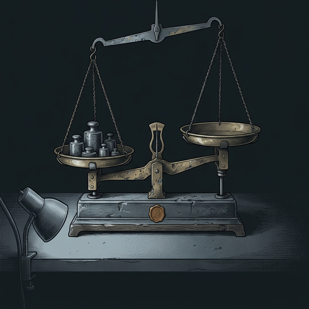 A worn brass-and-steel balance scale on a graphite bench, one pan loaded low and heavy with weights and the other empty and high, lit by a single cool inspection lamp — weighing consequence, not size.