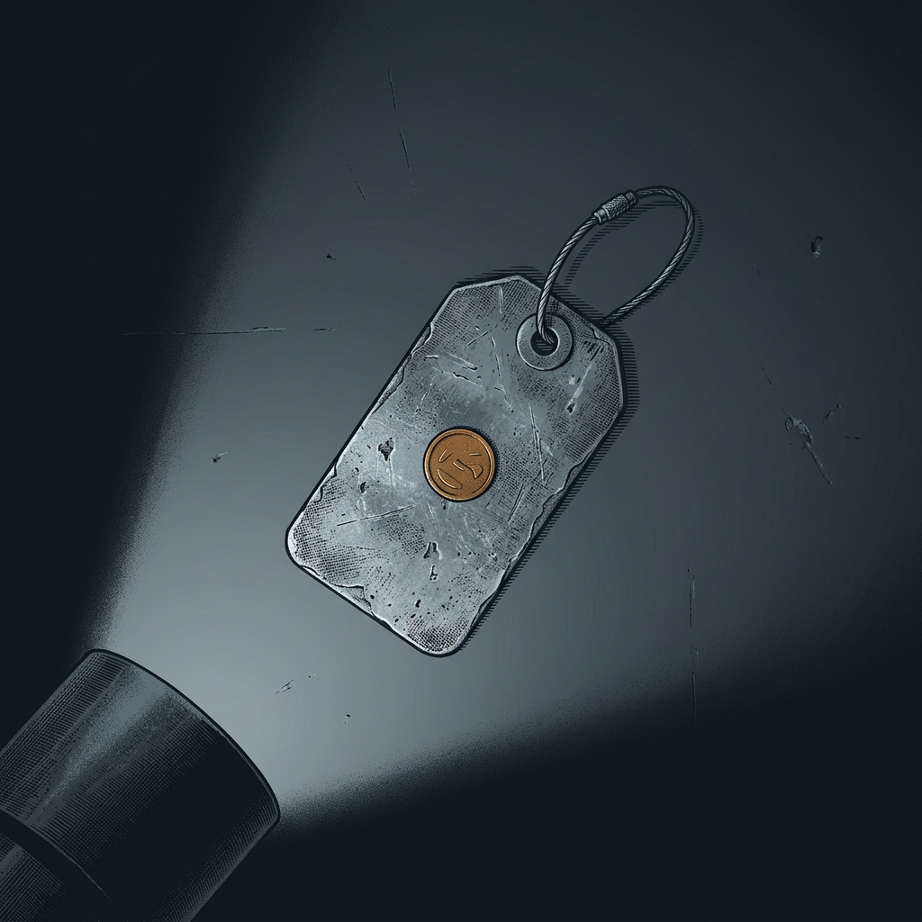 A worn heavy stamped-steel aircraft inspection hang-tag on a short wire loop resting on a graphite bench, its single struck inspection roundel catching the one warm bronze note, lit by a cool inspection lamp.
