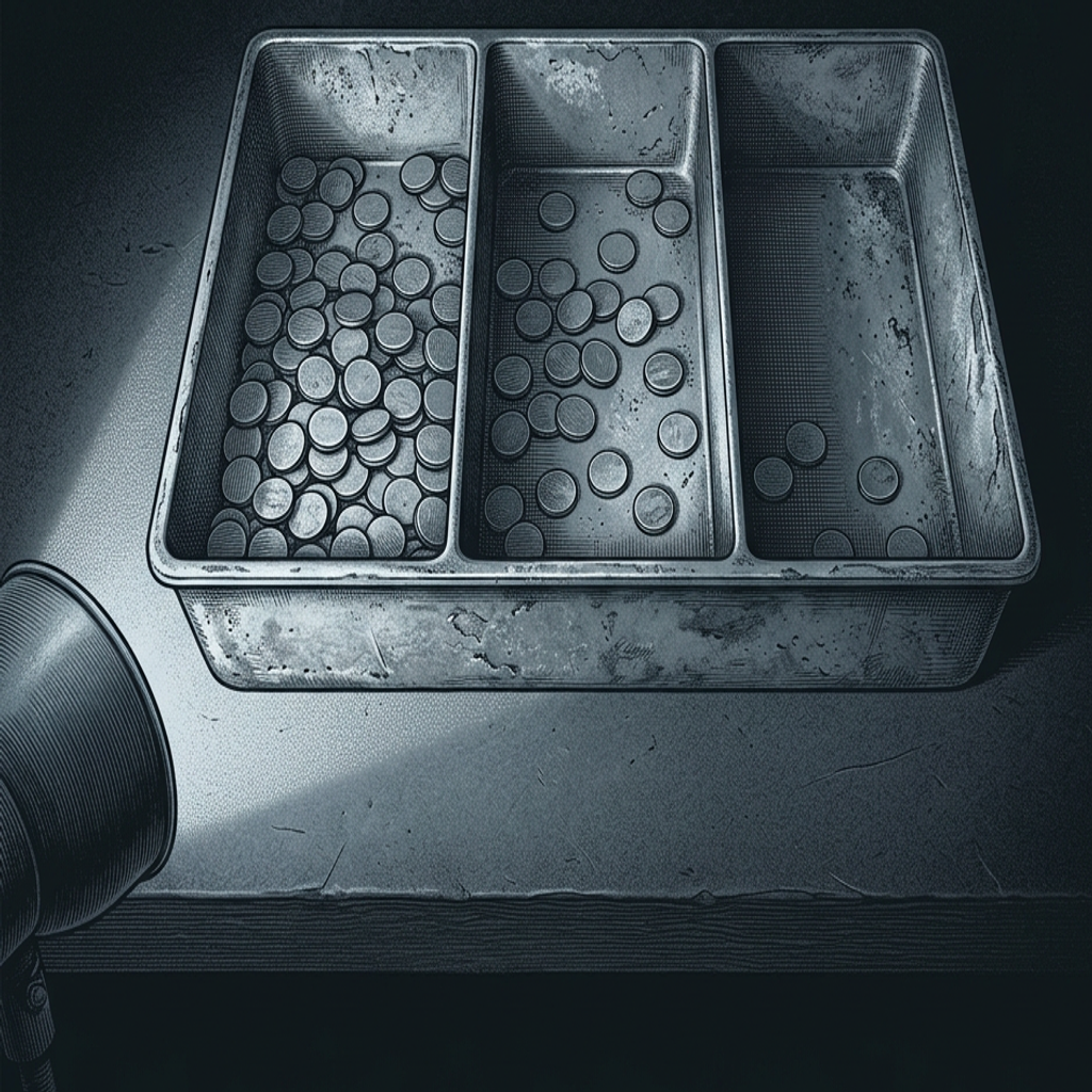 A worn metal sorting tray on a graphite bench divided into three plain compartments of different depths, steel discs sorted unevenly across the three tiers, lit by a single cool inspection lamp.
