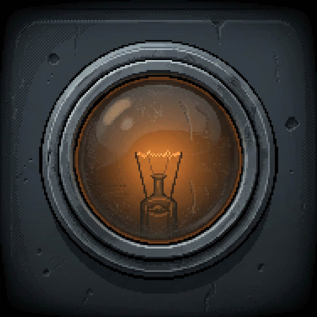 A worn round recording-indicator lamp, a small domed glass bulb with a visible filament under a heavy ringed steel bezel set into a dark pitted graphite panel, lit a steady low burnt-amber with a soft contained bloom, framed by a heavy dark vignette.
