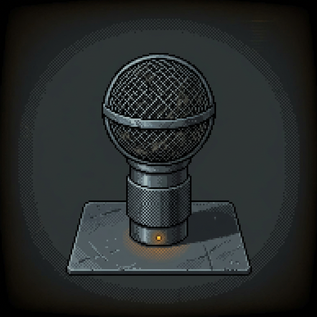 A worn wire-mesh microphone capsule on a short knurled gunmetal barrel standing upright on a scuffed graphite plate, the mesh deeply scratched and dust-clogged, a single small amber pinpoint glowing low at the base, framed by a heavy dark vignette.