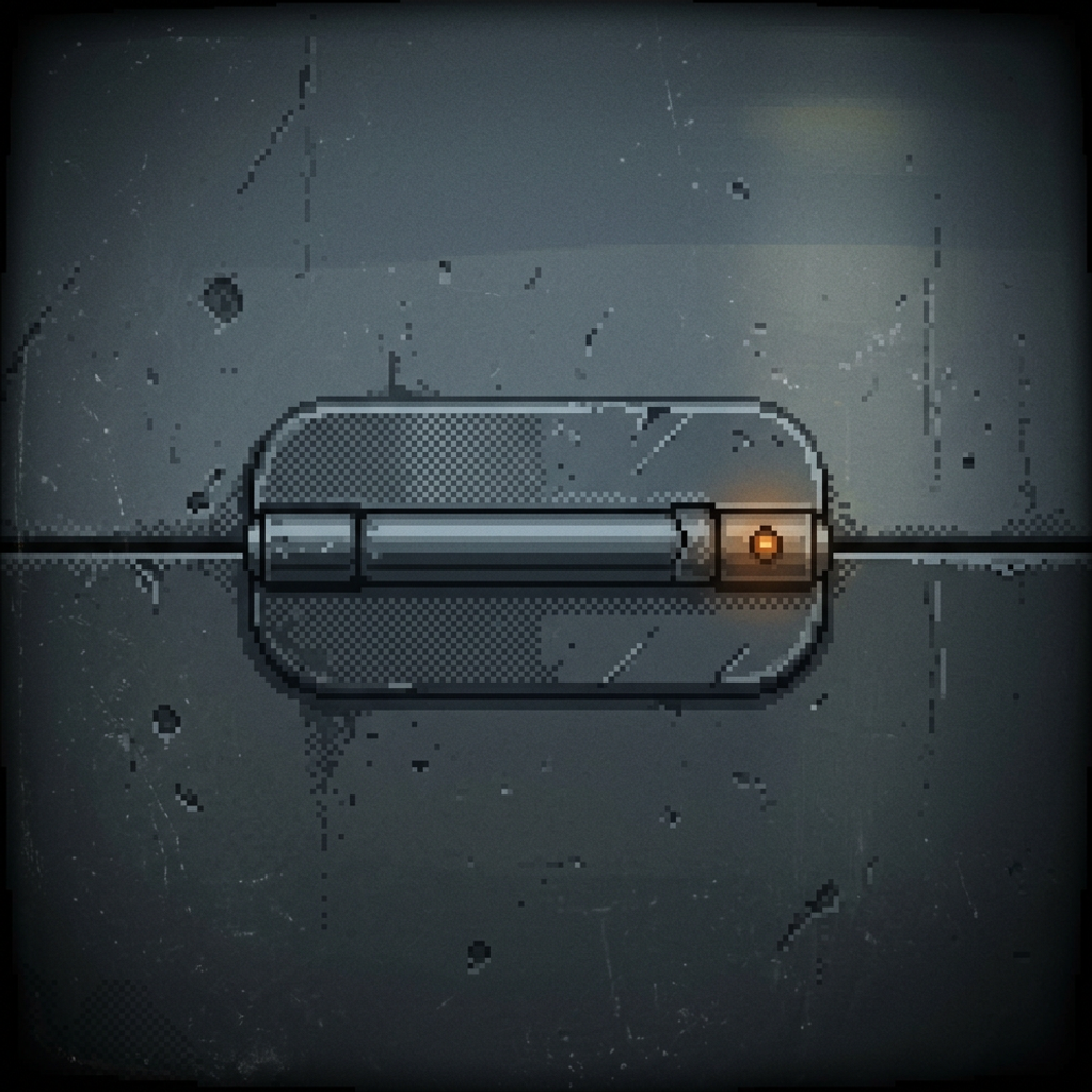 A heavy worn steel piano hinge running horizontally across the center of a scuffed pitted graphite panel, its knuckled gunmetal barrel splitting the panel into two halves, a single small amber spark glowing low at the pivot pin, framed by a heavy dark vignette.