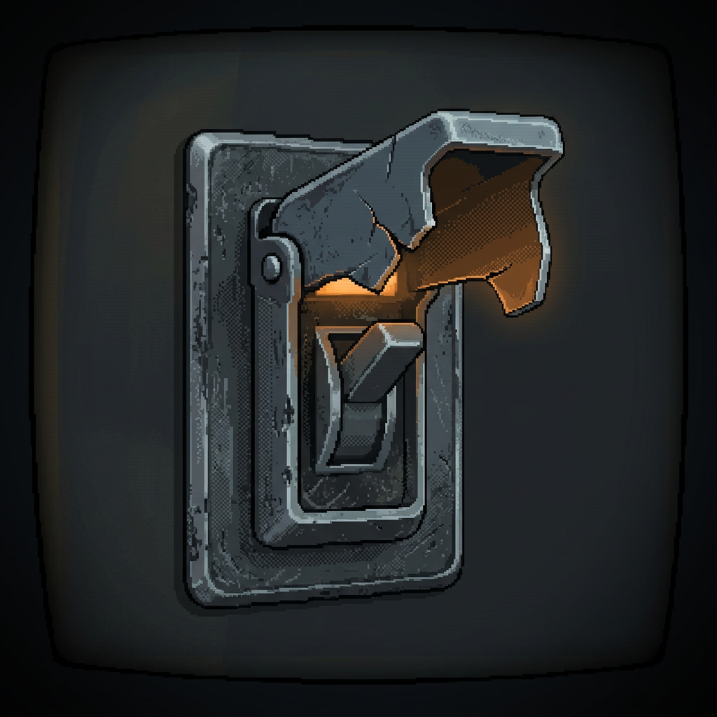 A worn toggle switch hidden under a heavy hinged steel safety cover, the cover cracked and broken open with its lid splintered and bent back, a low burnt-amber light leaking out through the broken seam, set into a dark pitted graphite panel, framed by a heavy dark vignette.