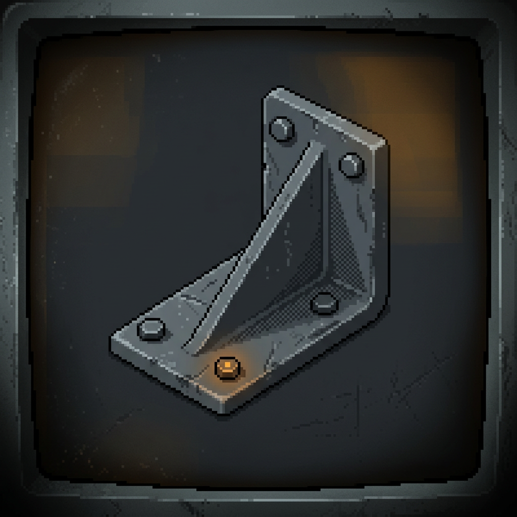 A heavy worn steel structural angle bracket with a triangular gusset web, bolted down with hex bolts onto a scuffed pitted graphite panel, the metal scratched and load-bearing, a single small amber pinpoint glowing low at one lower bolt head, framed by a heavy dark vignette.