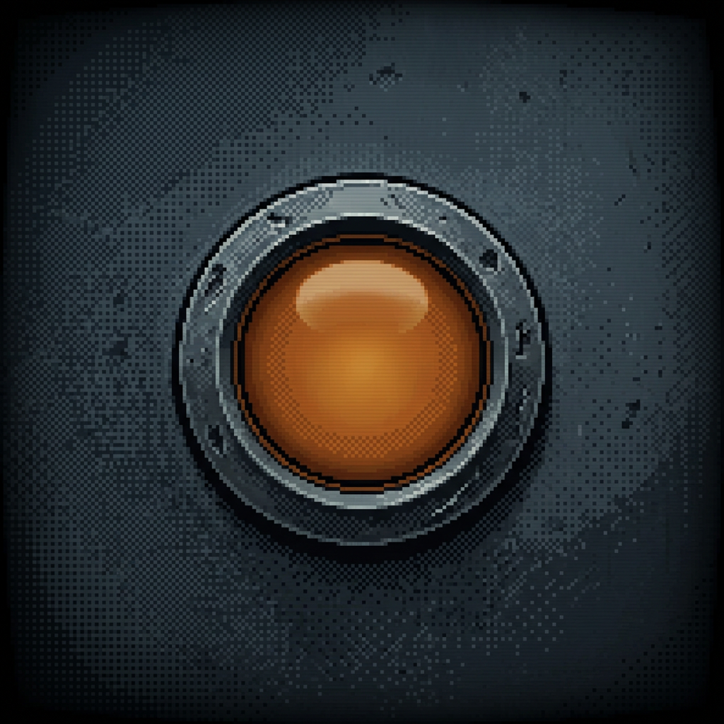 A single small round worn amber pilot lamp under a heavy ringed steel bezel, set into a dark pitted graphite panel, the smooth amber dome glowing low and steady with a soft contained phosphor bloom, framed by a heavy dark vignette.