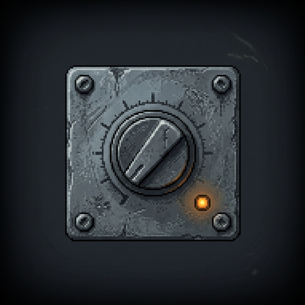 A worn rotary control knob turned down to its lowest setting on a scuffed graphite plate, a single amber pilot lamp glowing low beside it, framed by a heavy dark vignette.