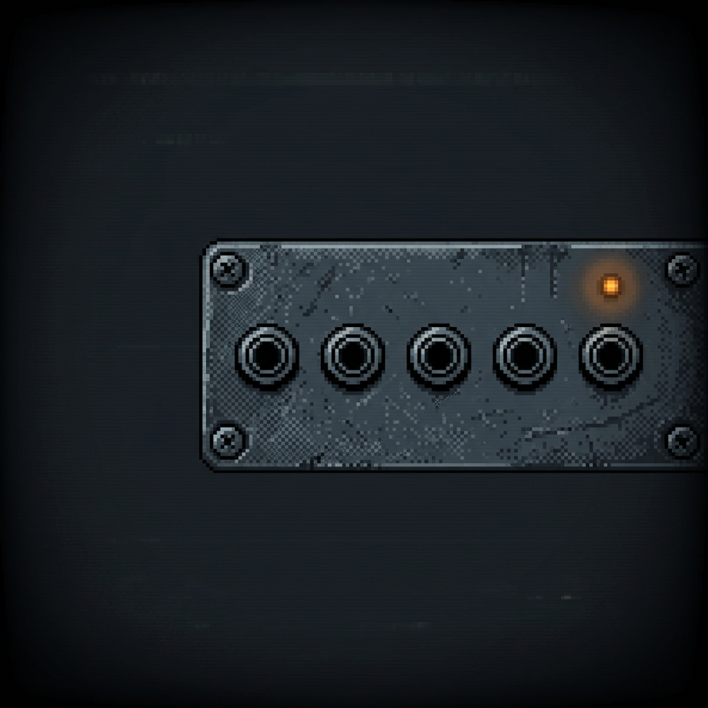 A worn metal patch panel with five input jacks in a single row on a scuffed graphite plate, a single amber pilot lamp glowing low at the end of the row, framed by a heavy dark vignette.