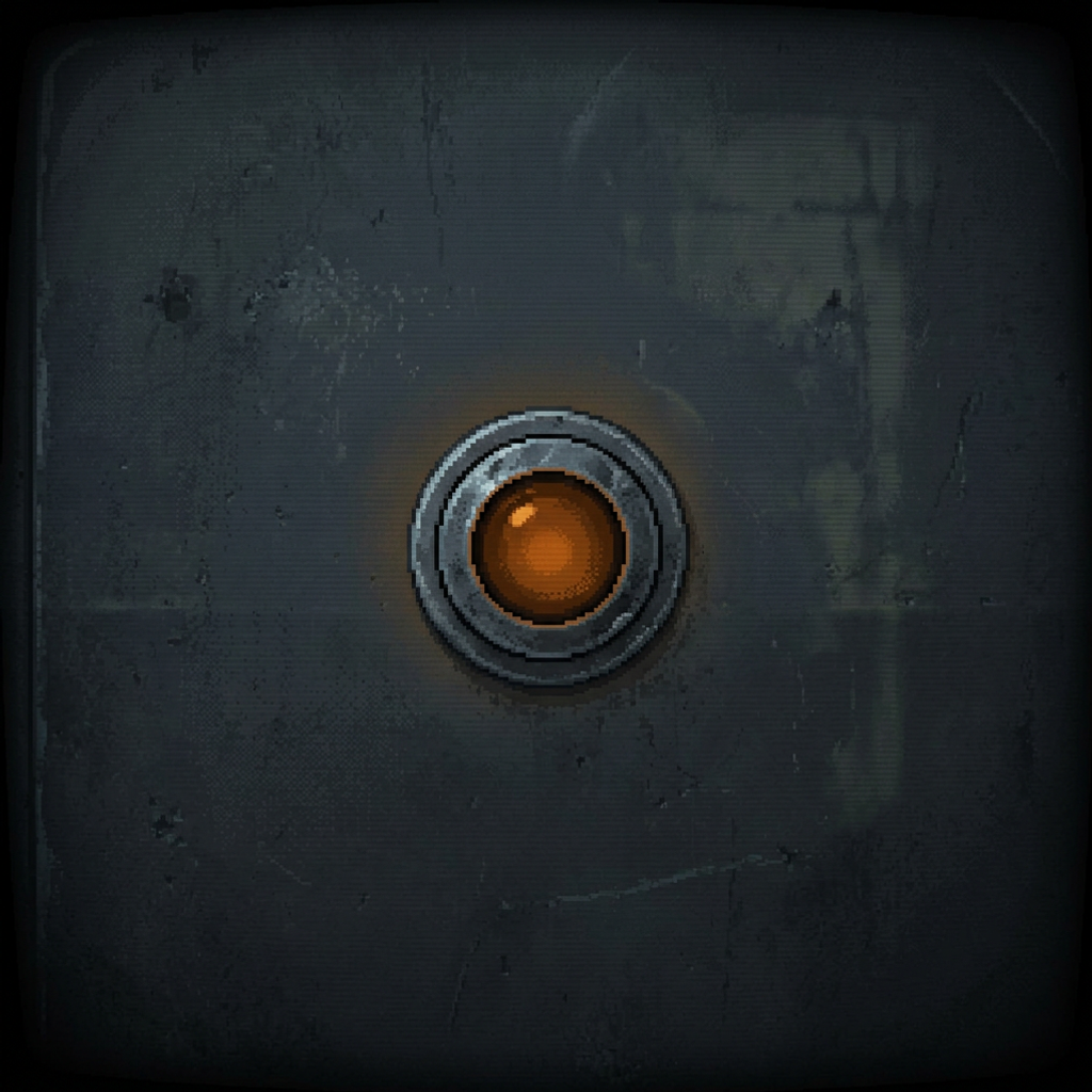 A single small amber indicator pilot lamp under a steel bezel set into a dark pitted graphite panel, glowing low and dim, surrounded by negative space, framed by a heavy dark vignette.