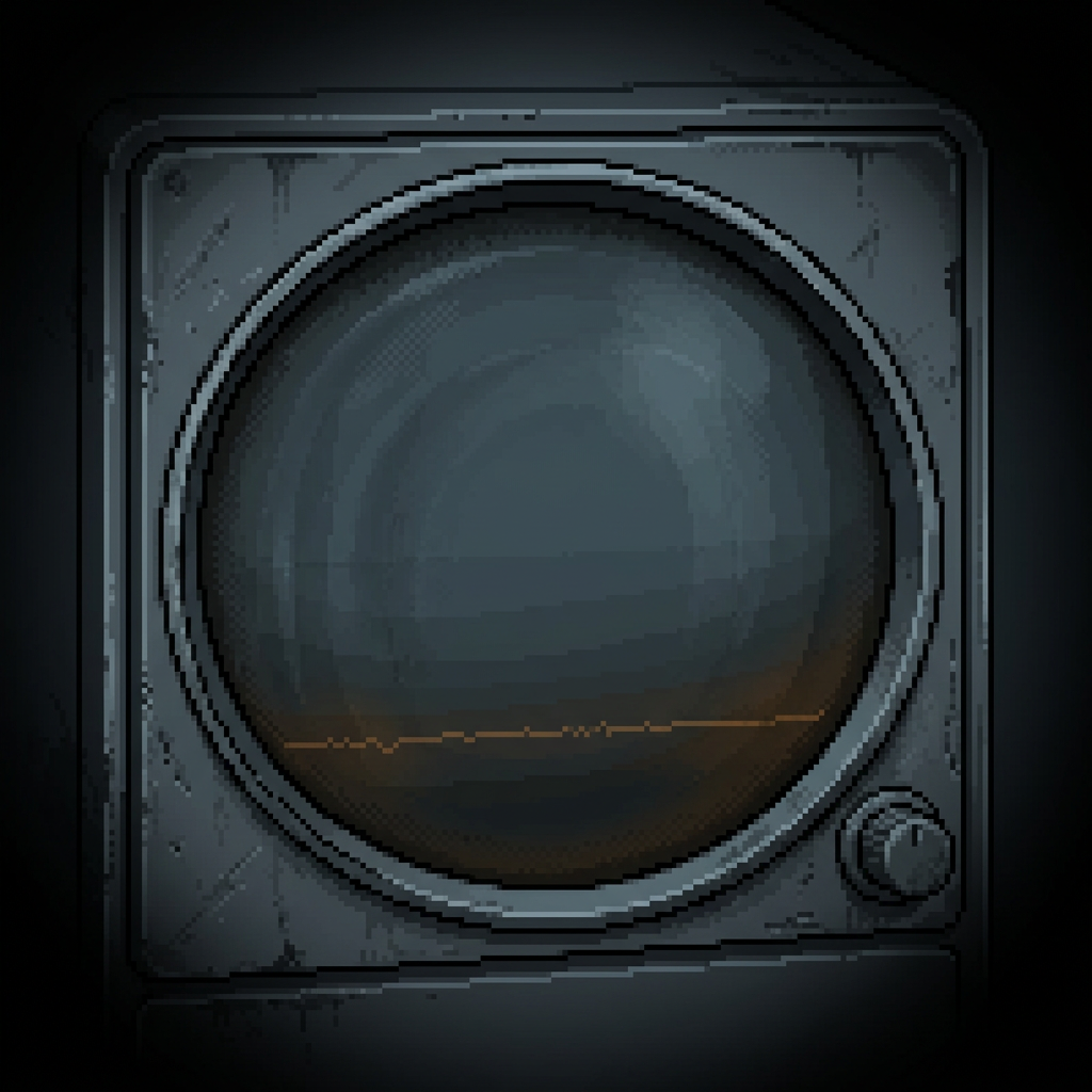 A worn oscilloscope in a scuffed graphite housing, its dim round screen showing one faint thin amber waveform trace sitting low, almost buried in noise, framed by a heavy dark vignette.