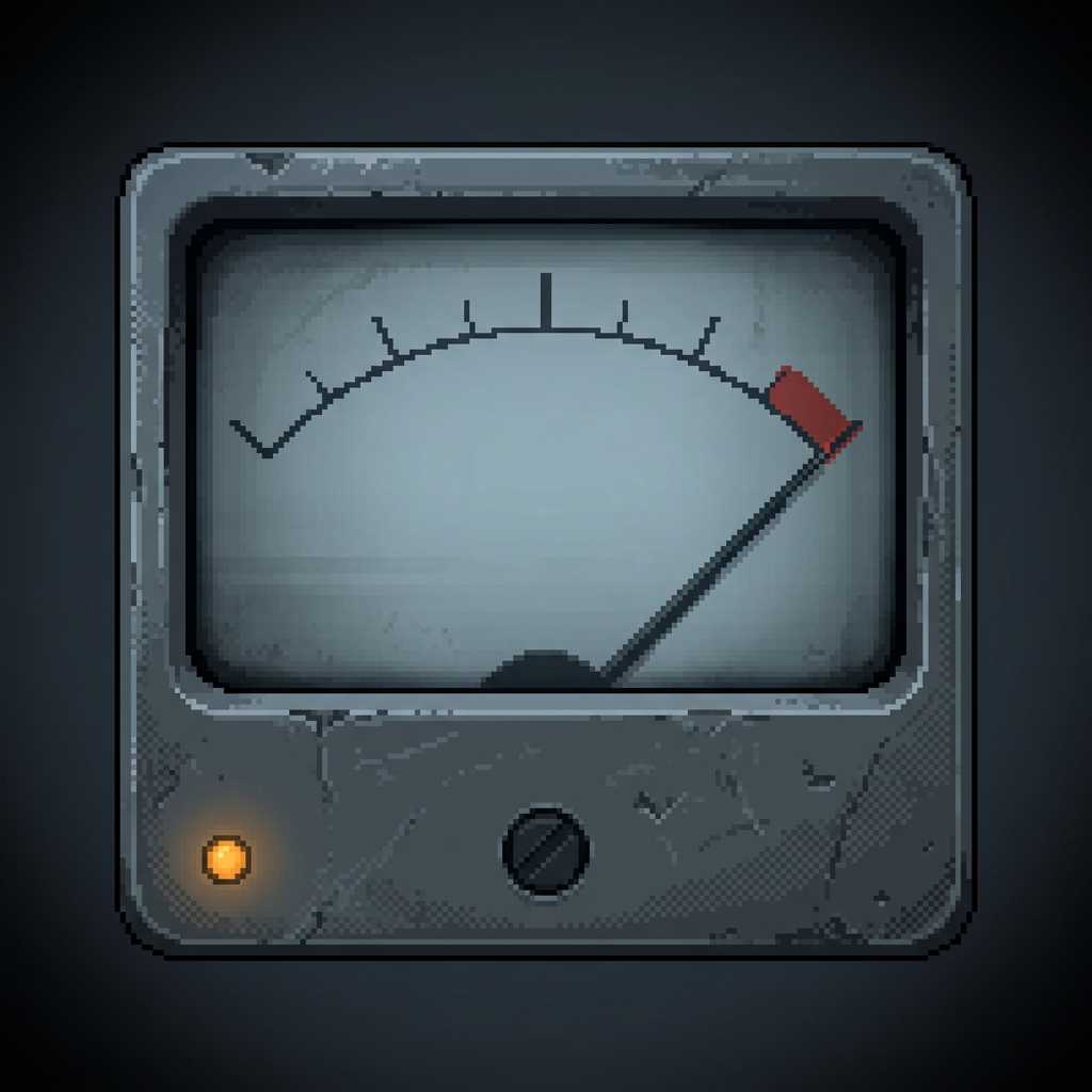 A worn analog panel meter in a scuffed graphite housing, its needle slammed hard to the right and pinned into the red overload zone, a single amber pilot lamp glowing low in the corner, framed by a heavy dark vignette.