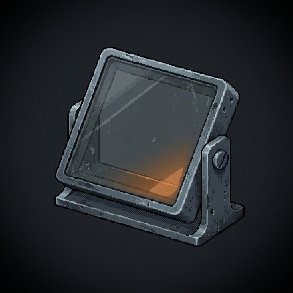 A worn angled glass heads-up-display combiner, a tilted semi-transparent reflector pane in a heavy pitted steel mount on a stand, set on a dark graphite field, a single faint burnt-amber reflection caught low on the glass, framed by a heavy dark vignette.