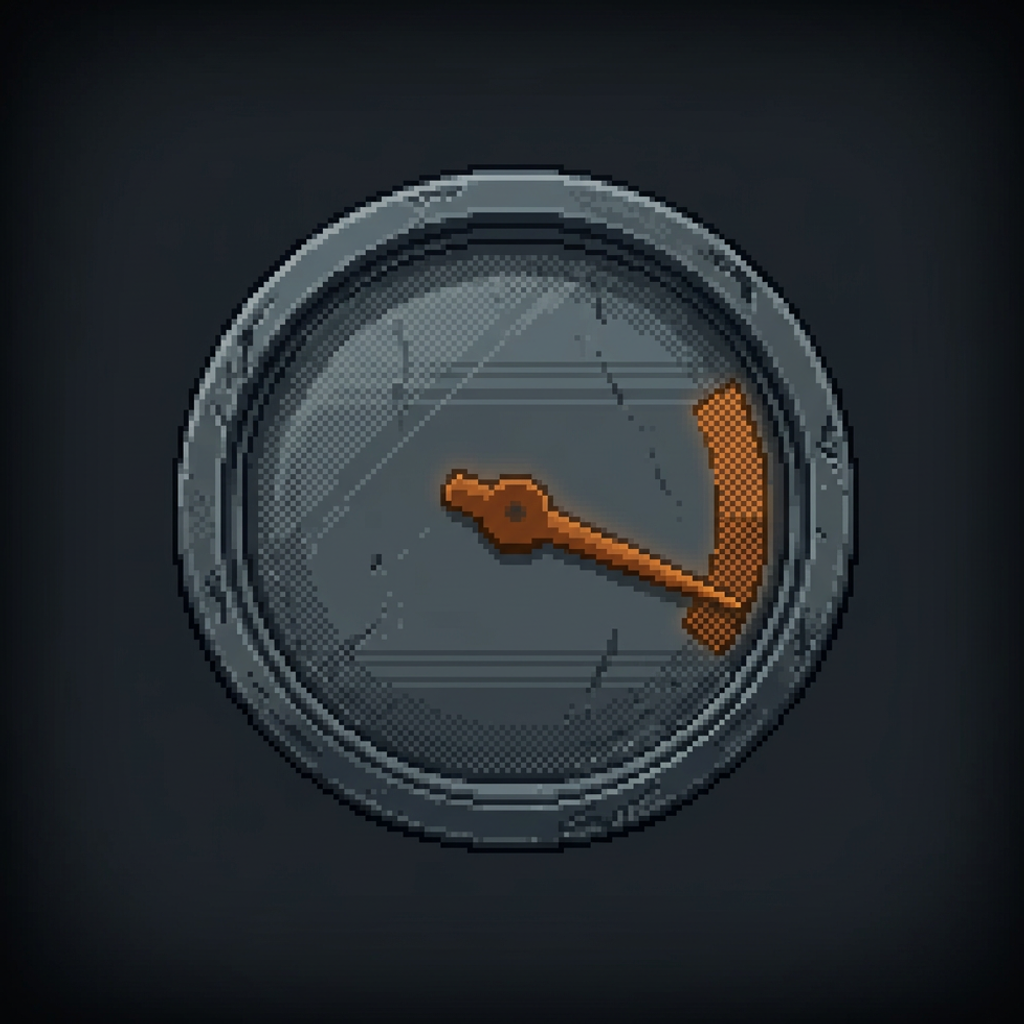 A worn round industrial gauge in a heavy pitted steel bezel on a dark graphite field, its single amber needle swung hard to the far end of the dial into a small burnt-amber redline arc, framed by a heavy dark vignette.