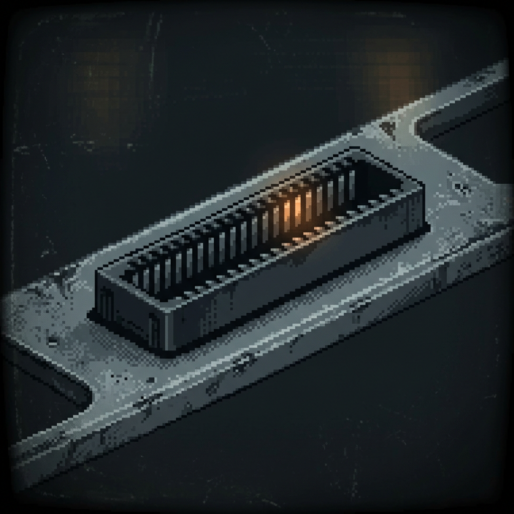 A single empty worn card-edge connector slot in a heavy pitted steel rack rail on a dark graphite field, the slot vacant with rows of bare contact pins, one faint burnt-amber pin catching light at the back, framed by a heavy dark vignette.