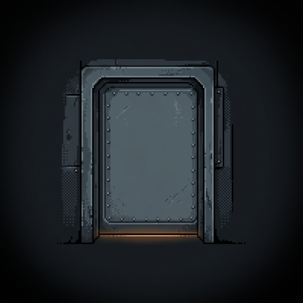 A single heavy bolted steel bulkhead hatch sealing a dead-end, a thick blank riveted plate recessed into a heavy steel frame on a dark graphite field, no opening through it, a thin faint burnt-amber seam of light pinched along its bottom edge, framed by a heavy dark vignette.