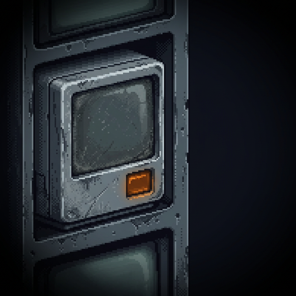A single worn rectangular machine module seated in a heavy pitted steel rack, set off to the left side of the frame on a dark graphite field, its small recessed status window lit a low steady burnt-amber in warm standby, deep negative space to the right, framed by a heavy dark vignette.