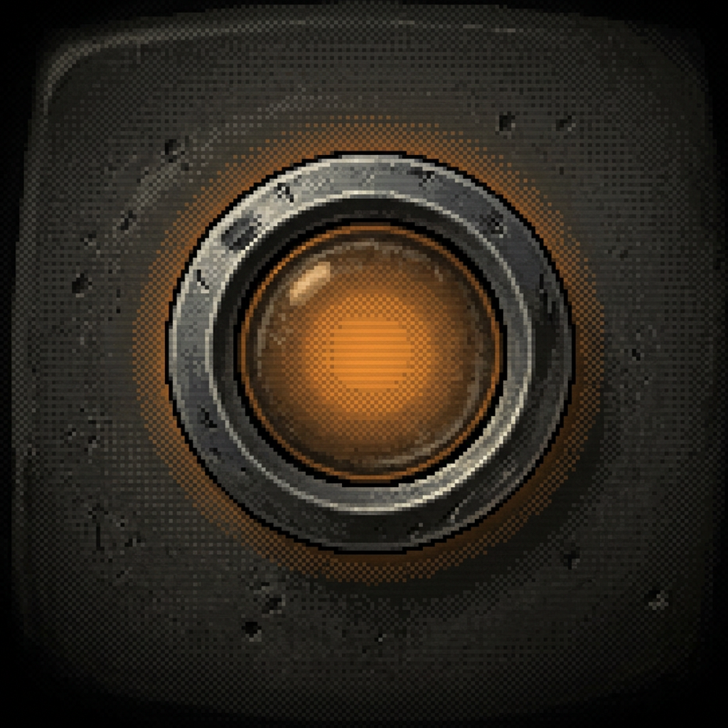 A single small round worn pilot-lamp indicator under a heavy ringed steel bezel, set into a dark pitted graphite panel, lit a low steady contained burnt-amber with a soft inner bloom, isolated in deep negative space, framed by a heavy dark vignette.