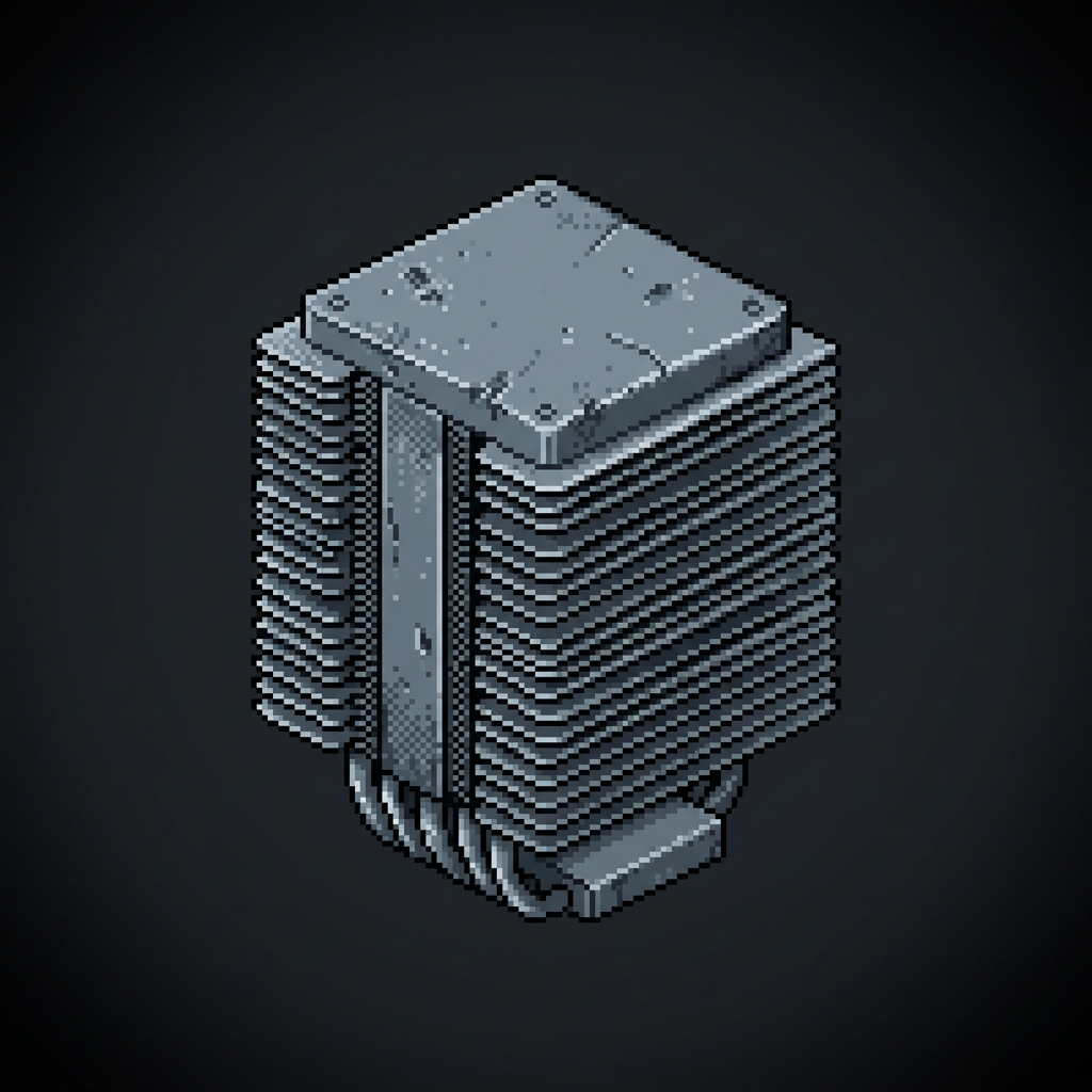 A single tall worn finned heatsink, an isometric stack of many thin cool steel cooling fins with pitted worn metal, isolated and floating in deep negative space on a dark graphite field, entirely cold gunmetal and steel-blue with no warm light anywhere, framed by a heavy dark vignette.