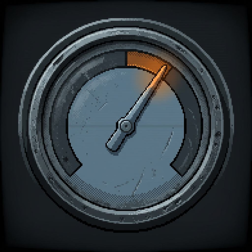 A worn round thermal temperature gauge in a heavy pitted steel bezel on a dark graphite field, a cool steel needle angled steeply upward and climbing into the upper half of the dial, most of the dial cold steel-blue with only a small rationed burnt-amber warning band at the very top the needle is approaching, framed by a heavy dark vignette.