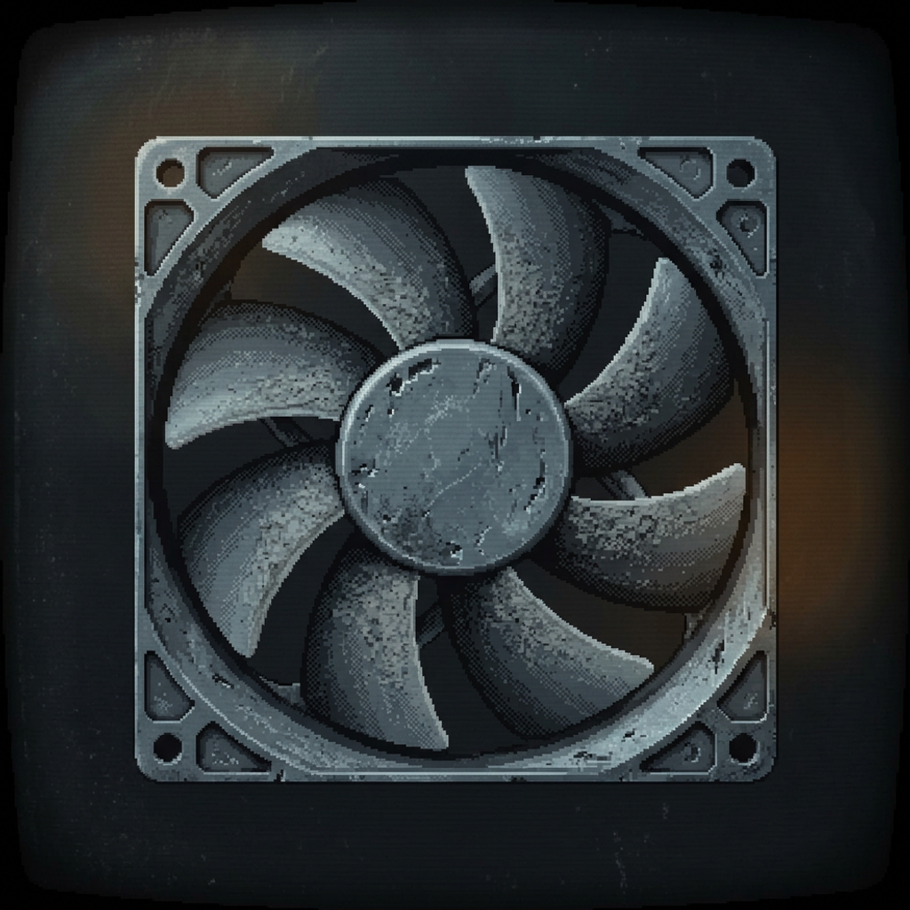 A single worn square cooling fan seen straight-on, its curved blades completely still and at rest, a thick layer of grey dust settled on the motionless blades and the pitted steel housing, entirely cold gunmetal and grey with no glow, on a dark graphite field, framed by a heavy dark vignette.