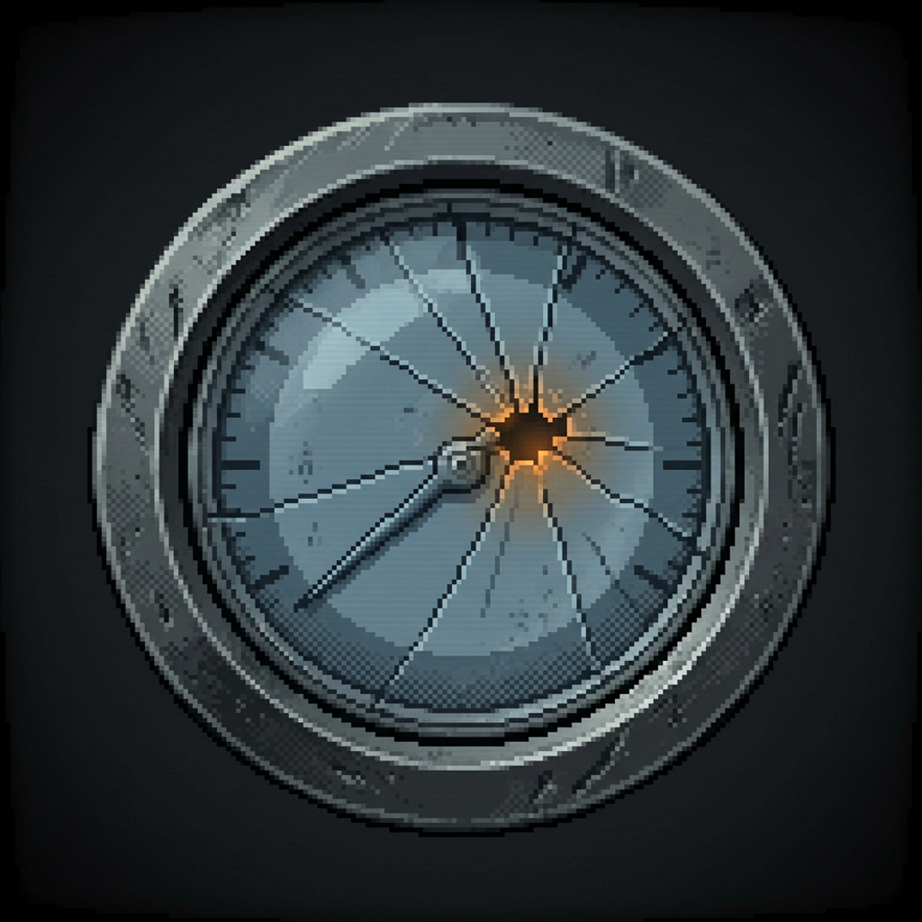 A single worn round gauge in a heavy pitted steel bezel on a dark graphite field, its glass face cracked with fracture lines spidering out from one impact point, the cool steel-blue dial and needle still readable behind the broken glass, a single small burnt-amber glint at the impact point, framed by a heavy dark vignette.