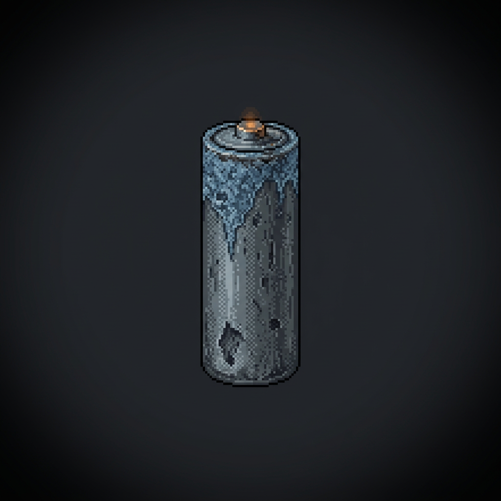 A single old worn cylindrical battery cell standing upright and floating in deep negative space on a dark graphite field, its steel casing heavily pitted and corroded with crusted blue-grey corrosion creeping down from the spent terminal, the cell drained and depleted, only a single faint dying burnt-amber ember at the very tip of the terminal, framed by a heavy dark vignette.