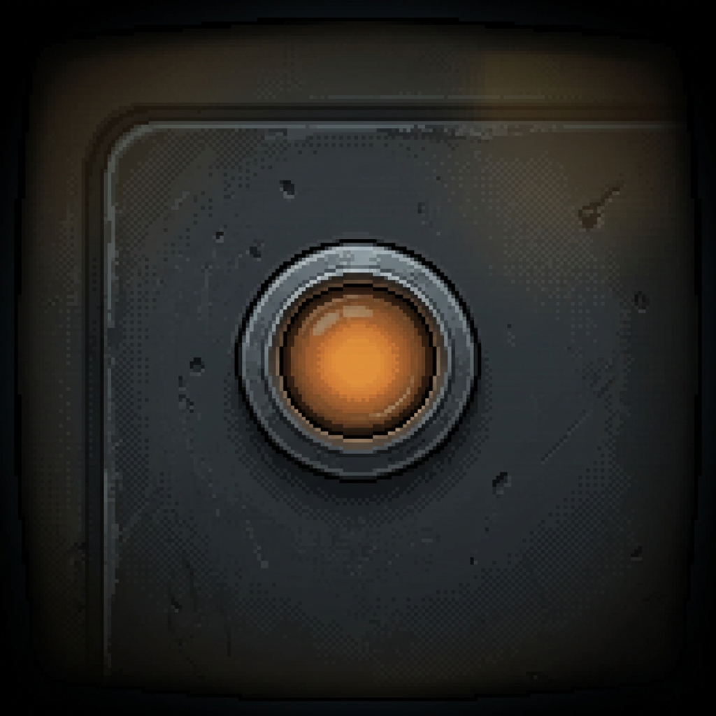 A single small round worn pilot-lamp indicator under a heavy ringed steel bezel, centered and set into a dark pitted graphite panel, lit a very low, contained, steady burnt-amber with a faint soft inner bloom — the quietest, most subdued glow — isolated in deep negative space, framed by a heavy dark vignette.