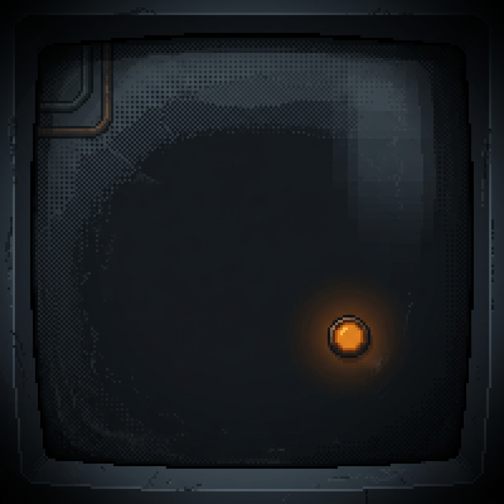 A single small lone round amber lamp glowing low and steady, set into the lower area of a vast, dark, near-empty pitted machine panel, almost entirely black and graphite with immense empty dark space all around the one small light and only faint worn conduit lines in the far corner, the single contained burnt-amber glow the only light in the darkness, framed by a heavy dark vignette.