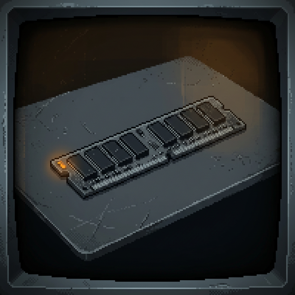 A worn stick of volatile memory, a row of dark dynamic-RAM chips on a pitted module lying on a scuffed graphite plate, a single small amber charge indicator glowing low at the left edge as if draining, framed by a heavy dark vignette.