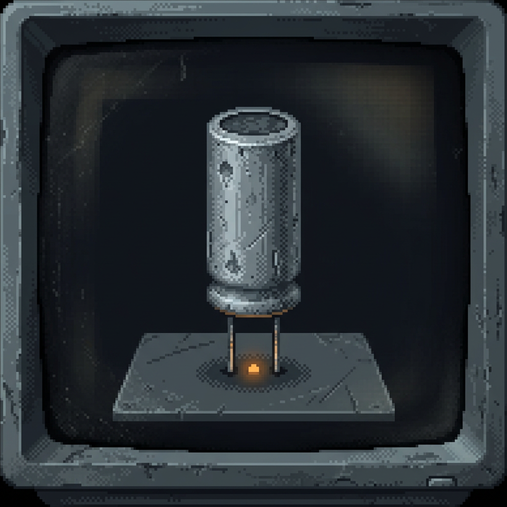 A single tall worn cylindrical electrolytic capacitor standing upright on its wire leads on a scuffed graphite plinth, a single small amber charge glowing low between its leads, framed by a heavy dark vignette.