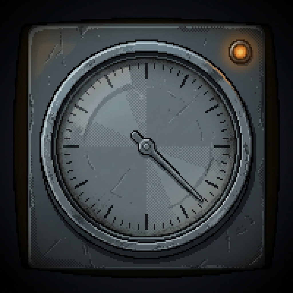 A worn round mechanical countdown timer dial set into a scuffed graphite panel, its gunmetal face marked with plain tick gradations and a needle swung low near the end of its travel, a single amber pilot lamp glowing low in the top-right corner, framed by a heavy dark vignette.
