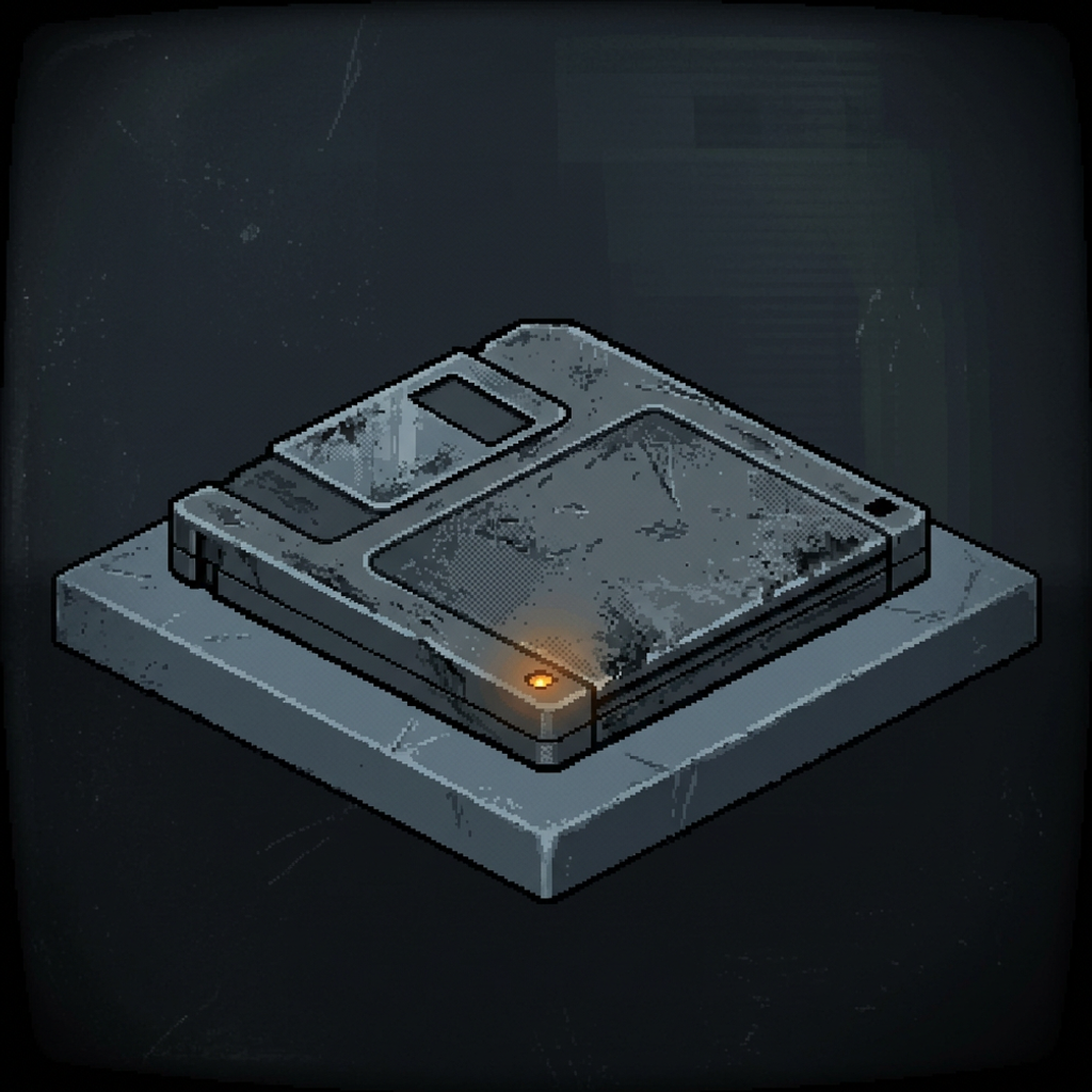 A single heavy worn sealed data cartridge lying flat on a scuffed graphite plinth, its gunmetal housing pitted and deeply scratched with a slid-shut write-protect tab, a single small amber indicator glowing low on its face, framed by a heavy dark vignette.