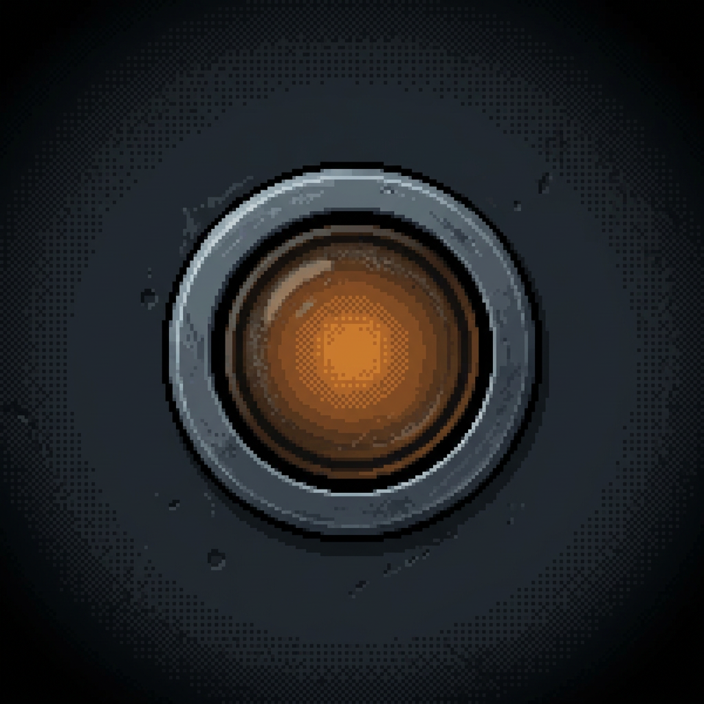 A single small round worn amber pilot lamp under a heavy ringed steel bezel, set into a dark pitted graphite panel, glowing low and dim with a soft contained phosphor bloom, framed by a heavy dark vignette.