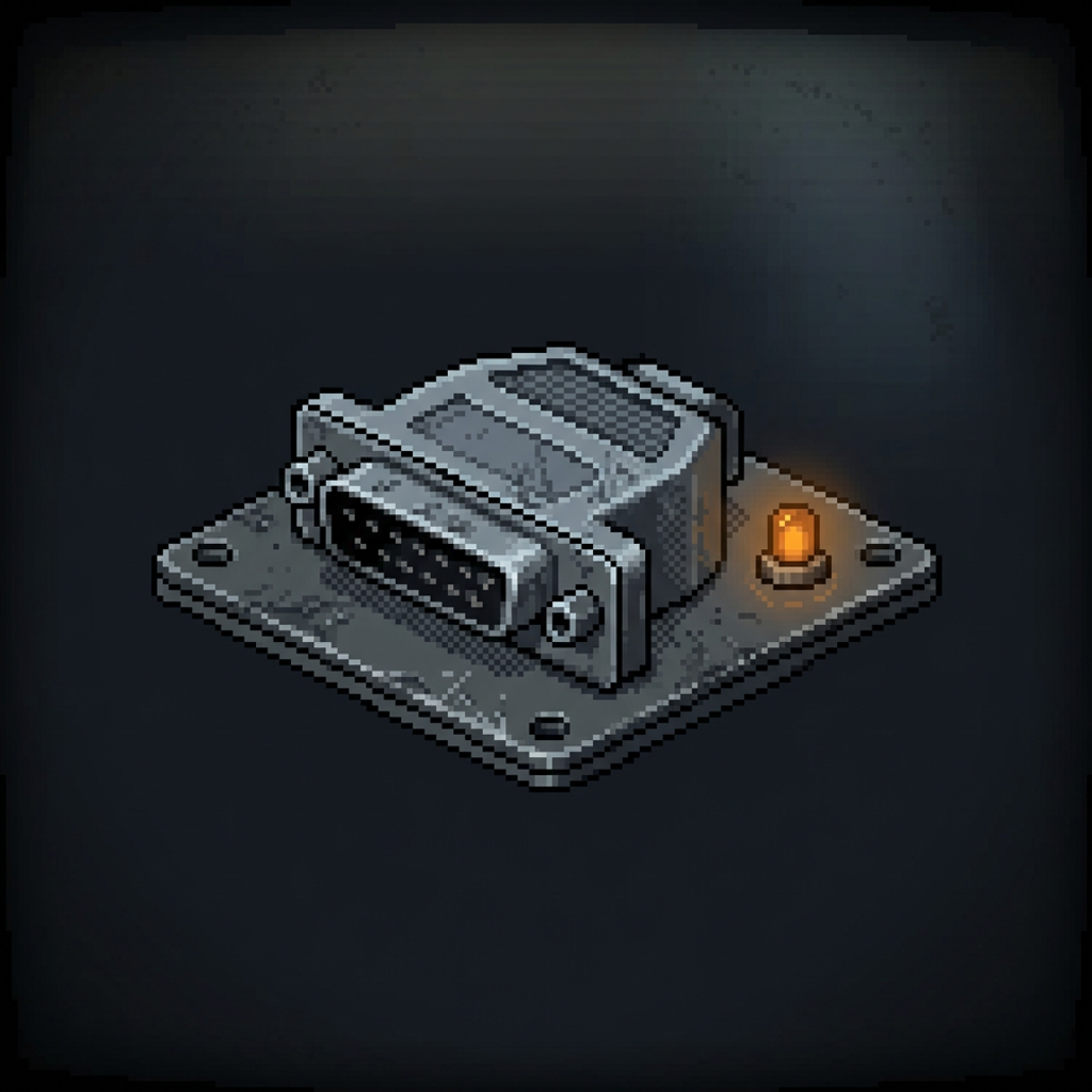 A worn D-sub interface connector bolted to a graphite plate, a single amber pilot lamp glowing beside it, framed by a heavy dark vignette.